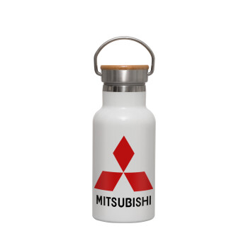 mitsubishi, Μεταλλικό παγούρι θερμός (Stainless steel) Λευκό με ξύλινο καπακι (bamboo), διπλού τοιχώματος, 350ml