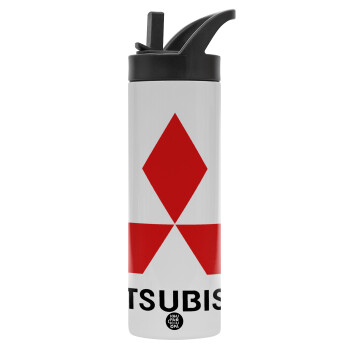 mitsubishi, Μεταλλικό παγούρι θερμός με καλαμάκι & χειρολαβή, ανοξείδωτο ατσάλι (Stainless steel 304), διπλού τοιχώματος, 600ml