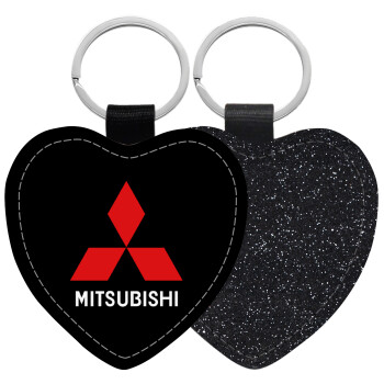 mitsubishi, Μπρελόκ PU δερμάτινο glitter καρδιά ΜΑΥΡΟ