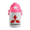 mitsubishi, Ροζ παιδικό παγούρι πλαστικό (BPA-FREE) με καπάκι ασφαλείας, κορδόνι και καλαμάκι, 400ml