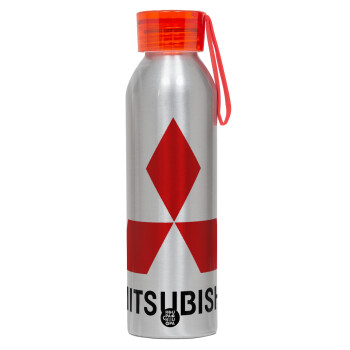 mitsubishi, Αλουμινένιο Αθλητικό Μπουκάλι 650ml – Ασημί με Κόκκινο Καπάκι και Λουράκι Σιλικόνης