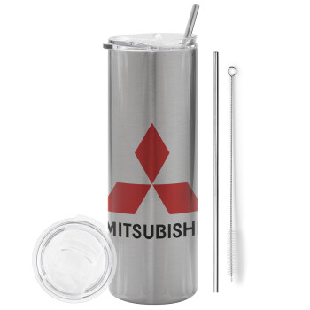 mitsubishi, Eco friendly ποτήρι θερμό Ασημένιο (tumbler) από ανοξείδωτο ατσάλι 600ml, με μεταλλικό καλαμάκι & βούρτσα καθαρισμού