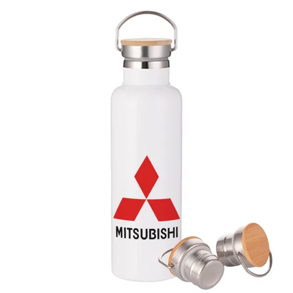 mitsubishi — Stainless steel White with wooden lid (bamboo), double wall, 750ml