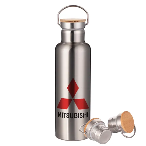 mitsubishi — Μεταλλικό παγούρι θερμός (Stainless steel) Ασημένιο με ξύλινο καπακι (bamboo), διπλού τοιχώματος, 750ml