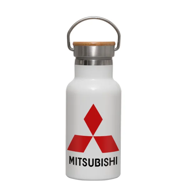mitsubishi — Metallic thermos (Stainless steel) White with wooden lid (bamboo), double-walled, 350ml