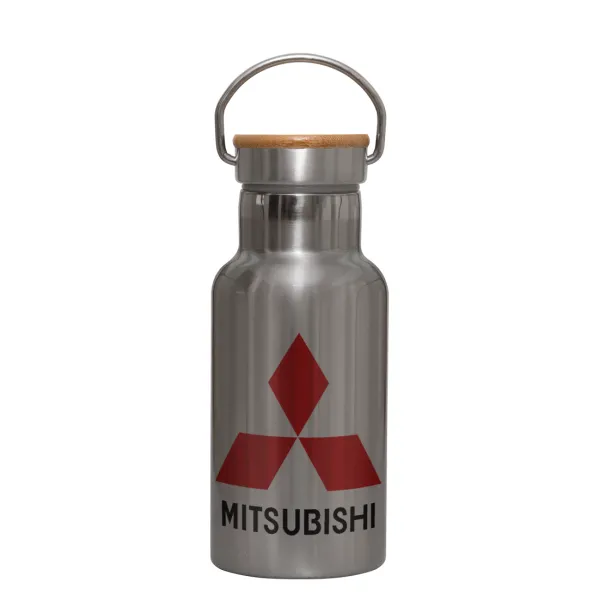 mitsubishi — Stainless steel metallic thermos flask, silver with a bamboo lid, double-walled, 350ml.