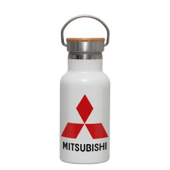 mitsubishi, Metallic thermos (Stainless steel) White with wooden lid (bamboo), double-walled, 350ml