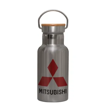mitsubishi, Μεταλλικό παγούρι θερμός (Stainless steel) Ασημένιο με ξύλινο καπακι (bamboo), διπλού τοιχώματος, 350ml