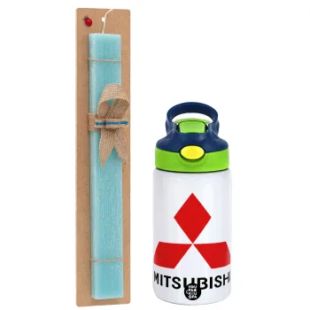 mitsubishi, Easter Set, Children's thermal stainless steel bottle with safety straw, green/blue (350ml) & aromatic flat Easter candle (30cm) (TURQUOISE)