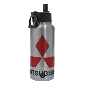 mitsubishi, Metal mug thermo Silver with Straw and Spout Lid (Stainless steel), double wall, 950ml