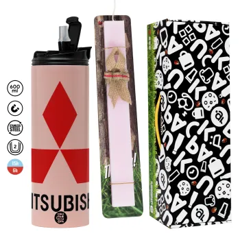 mitsubishi, Πασχαλινή Λαμπάδα με  ΡΟΖ Travel Tumbler θερμό (600ml, BPA free) & κερί αρωματικό πλακέ (30cm) (ΡΟΖ)