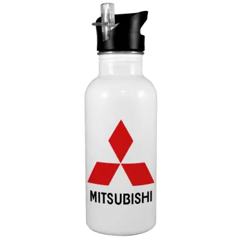 mitsubishi, White water bottle with straw, stainless steel 600ml