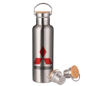mitsubishi, Μεταλλικό παγούρι θερμός (Stainless steel) Ασημένιο με ξύλινο καπακι (bamboo), διπλού τοιχώματος, 750ml