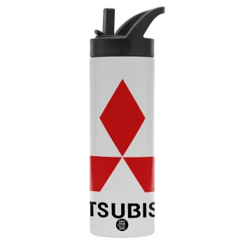 mitsubishi, Μεταλλικό παγούρι θερμός με καλαμάκι & χειρολαβή, ανοξείδωτο ατσάλι (Stainless steel 304), διπλού τοιχώματος, 600ml