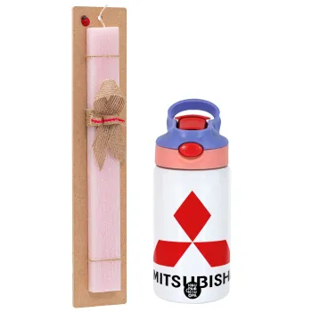 mitsubishi, Easter Set, Children's thermal stainless steel water bottle with safety straw, pink/purple (350ml) & Easter scented flat candle (30cm) (PINK)