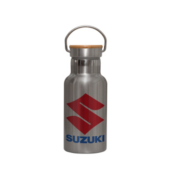 SUZUKI, Μεταλλικό παγούρι θερμός (Stainless steel) Ασημένιο με ξύλινο καπακι (bamboo), διπλού τοιχώματος, 350ml