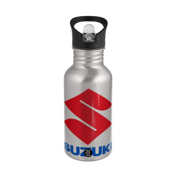 SUZUKI, Water bottle Silver with straw, stainless steel 500ml