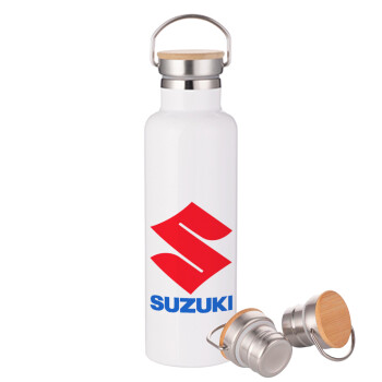 SUZUKI, Stainless steel White with wooden lid (bamboo), double wall, 750ml