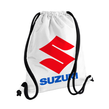 SUZUKI, Τσάντα πλάτης πουγκί GYMBAG λευκή, με τσέπη (40x48cm) & χονδρά κορδόνια