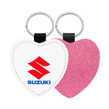 SUZUKI, Μπρελόκ PU δερμάτινο glitter καρδιά ΡΟΖ