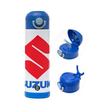 SUZUKI, Children's hot water bottle, stainless steel, with safety straw, BLUE (500ml)