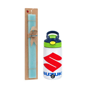 SUZUKI, Πασχαλινό Σετ, Παιδικό παγούρι θερμό, ανοξείδωτο, με καλαμάκι ασφαλείας, πράσινο/μπλε (350ml) & πασχαλινή λαμπάδα αρωματική πλακέ (30cm) (ΤΙΡΚΟΥΑΖ)