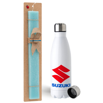 SUZUKI, Easter Set, metallic stainless steel water bottle (750ml) & aromatic flat Easter candle (30cm) (TURQUOISE)