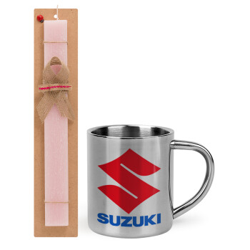 SUZUKI, Easter Set, metallic thermal cup (300ml) & aromatic flat Easter candle (30cm) (PINK)