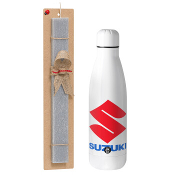 SUZUKI, Easter Set, metallic stainless thermos bottle (500ml) & scented flat Easter candle (30cm) (GRAY)