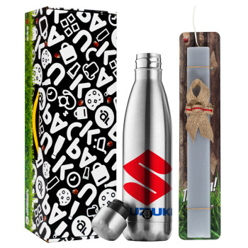 SUZUKI, Easter Set, metallic stainless thermos flask (500ml) & scented flat Easter candle (30cm) (GRAY)