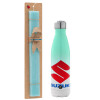 Easter Set, Metallic green/white thermos (Stainless steel), double-walled, 500ml & scented flat Easter candle (30cm) (TURQUOISE)
