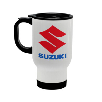 SUZUKI, Κούπα ταξιδιού ανοξείδωτη με καπάκι, διπλού τοιχώματος (θερμό) λευκή 450ml