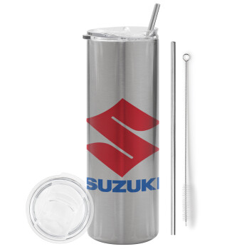 SUZUKI, Eco friendly ποτήρι θερμό Ασημένιο (tumbler) από ανοξείδωτο ατσάλι 600ml, με μεταλλικό καλαμάκι & βούρτσα καθαρισμού