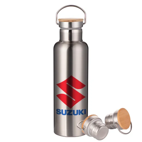 SUZUKI — Stainless steel Silver with wooden lid (bamboo), double wall, 750ml