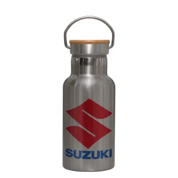 SUZUKI, Stainless steel metallic thermos flask, silver with a bamboo lid, double-walled, 350ml.
