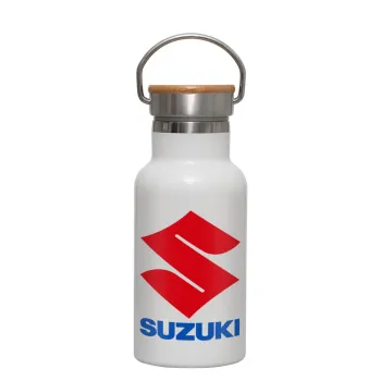 SUZUKI, Μεταλλικό παγούρι θερμός (Stainless steel) Λευκό με ξύλινο καπακι (bamboo), διπλού τοιχώματος, 350ml