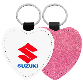 SUZUKI, Μπρελόκ PU δερμάτινο glitter καρδιά ΡΟΖ