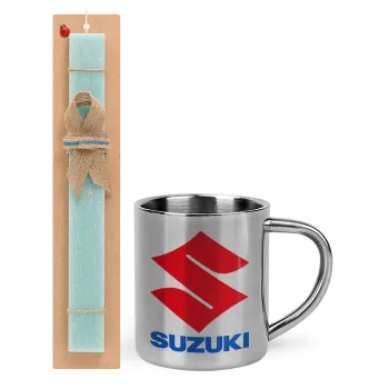 SUZUKI, Easter Set, metallic thermal cup (300ml) & aromatic flat Easter candle (30cm) (TURQUOISE)
