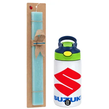 SUZUKI, Easter Set, Children's thermal stainless steel bottle with safety straw, green/blue (350ml) & aromatic flat Easter candle (30cm) (TURQUOISE)