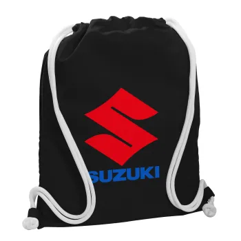 SUZUKI, Backpack pouch GYMBAG Black, with pocket (40x48cm) & thick white cords