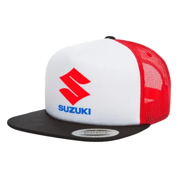 SUZUKI, Adult Foam Flat Snapback with Mesh Black-White-Red (POLYESTER, ADULT, UNISEX, ONE SIZE)