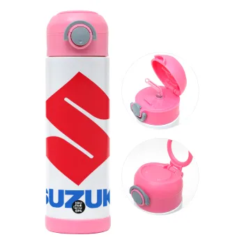 SUZUKI, Children's hot water bottle, stainless steel, with safety straw, PINK (500ml)