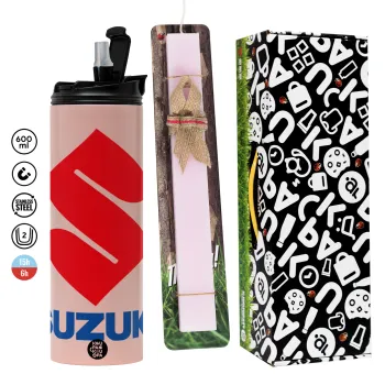 SUZUKI, Πασχαλινή Λαμπάδα με  ΡΟΖ Travel Tumbler θερμό (600ml, BPA free) & κερί αρωματικό πλακέ (30cm) (ΡΟΖ)