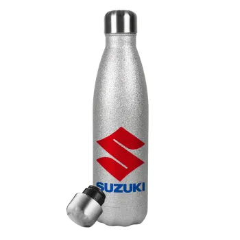SUZUKI, Μεταλλικό παγούρι θερμός Glitter Aσημένιο (Stainless steel), διπλού τοιχώματος, 500ml