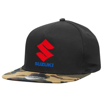 SUZUKI, Καπέλο Ενηλίκων Flat Snapback Μαύρο/Παραλλαγή, (100% ΒΑΜΒΑΚΕΡΟ TWILL, ΕΝΗΛΙΚΩΝ, UNISEX, ONE SIZE)