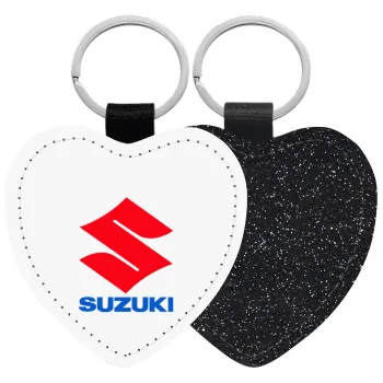 SUZUKI, Μπρελόκ PU δερμάτινο glitter καρδιά ΜΑΥΡΟ