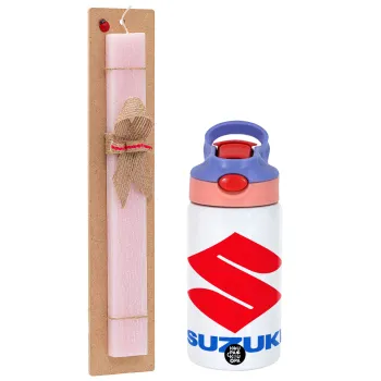 SUZUKI, Easter Set, Children's thermal stainless steel water bottle with safety straw, pink/purple (350ml) & Easter scented flat candle (30cm) (PINK)