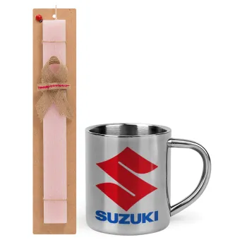 SUZUKI, Easter Set, metallic thermal cup (300ml) & aromatic flat Easter candle (30cm) (PINK)