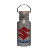 Stainless steel metallic thermos flask, silver with a bamboo lid, double-walled, 350ml.