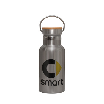 smart, Stainless steel metallic thermos flask, silver with a bamboo lid, double-walled, 350ml.